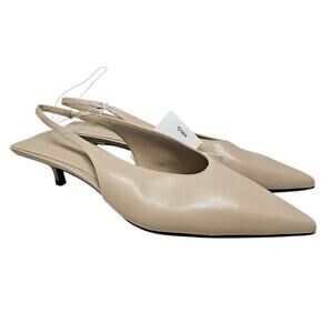 NEW Mango MNG 41 Beige Nude Leather Pointed Toe Slingback Kitten Heel Minimalist